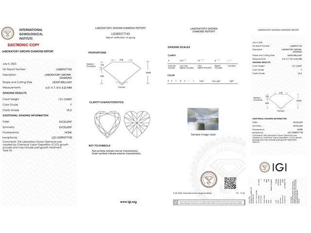 Diamant - 1.01 carat hart vorm geslepen diamant (gecertificeerd) - afbeelding 3 van  4