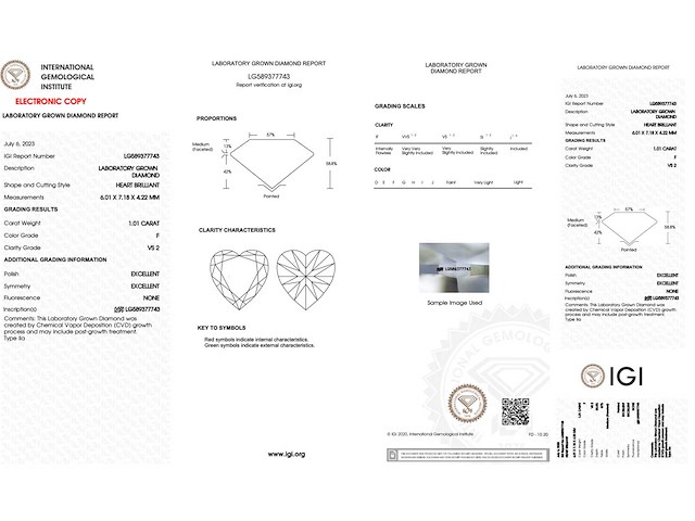 Diamant - 1.01 carat hart vorm geslepen diamant (gecertificeerd) - afbeelding 4 van  4