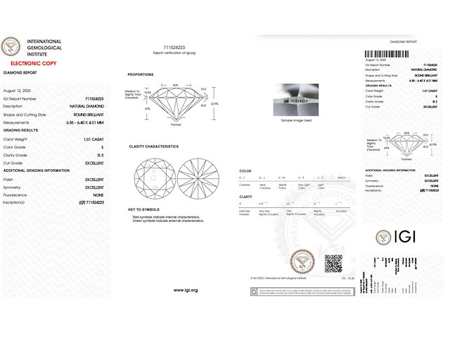 Diamant - 1.01 carat rond geslepen diamant (gecertificeerd) - afbeelding 4 van  4