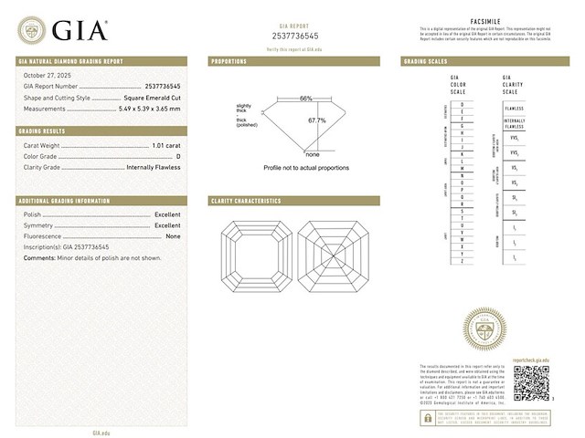 Diamant - 1.01 carat square emerald geslepen (gia gecertificeerd), (d, zuiver) - afbeelding 3 van  7