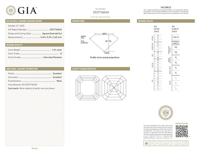 Diamant - 1.01 carat square emerald geslepen (gia gecertificeerd), hoogste kwaliteit (d, zuiver) - afbeelding 5 van  7