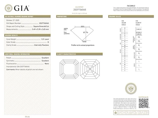 Diamant - 1.01 carat square emerald geslepen (gia gecertificeerd), hoogste kwaliteit (d, zuiver) - afbeelding 3 van  7