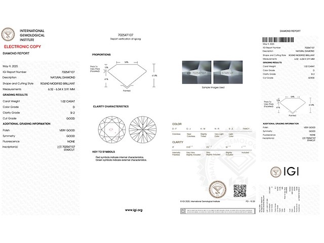 Diamant - 1.02 carat natuurlijke starcut briljant geslepen diamant (gecertificeerd) - afbeelding 3 van  3