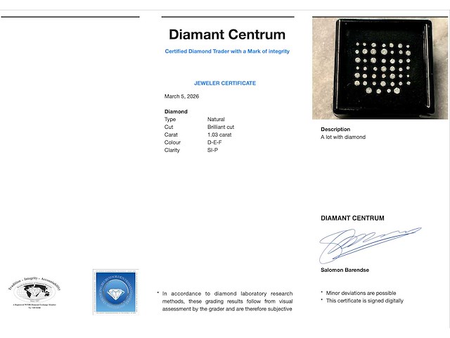 Diamant - 1.03 carat natuurlijke diamant briljant geslepen - afbeelding 3 van  3