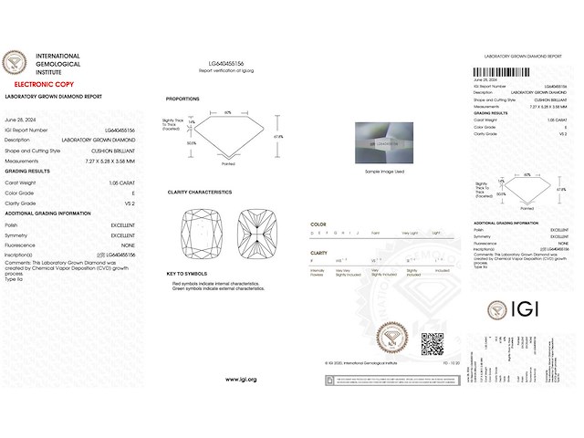 Diamant - 1.05 carat kussenvorm geslepen diamant (gecertificeerd) - afbeelding 3 van  4