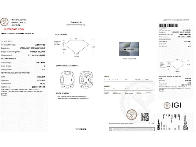 Diamant - 1.05 carat kussenvorm geslepen diamant (gecertificeerd) - afbeelding 4 van  4
