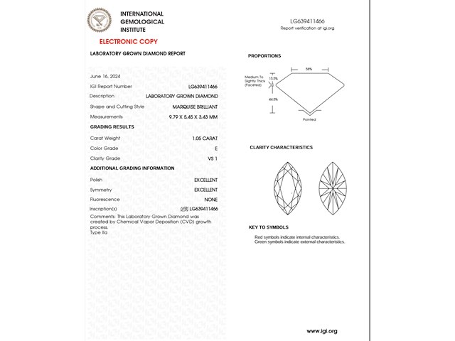 Diamant - 1.05 ct marquise brilliant ( igi gecertificeerd ) - afbeelding 4 van  4