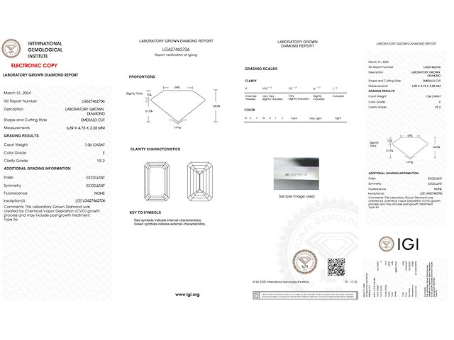 Diamant - 1.06 carat emerald geslepen diamant (gecertificeerd) - afbeelding 3 van  4