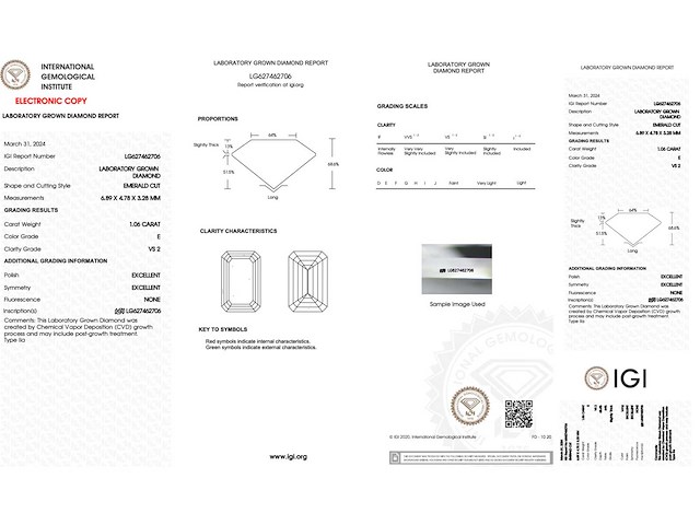Diamant - 1.06 carat emerald geslepen diamant (gecertificeerd) - afbeelding 4 van  4