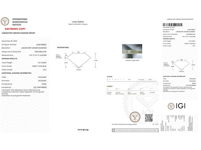 Diamant - 1.07 carat peer vorm geslepen diamant (gecertificeerd) - afbeelding 4 van  4