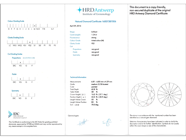 Diamant - 1.24 carat briljant geslepen diamant met een hrd certificaat (gecertificeerd) - afbeelding 3 van  5