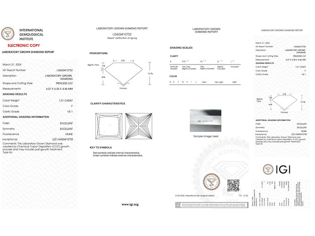 Diamant - 1.51 carat prinses geslepen diamant (gecertificeerd) - afbeelding 3 van  4