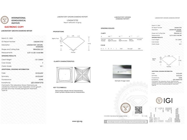 Diamant - 1.51 carat prinses geslepen diamant (gecertificeerd) - afbeelding 4 van  4