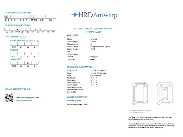 Diamant - 1.57 carat natuurlijke emerald geslepen diamant (gecertificeerd) - afbeelding 3 van  6