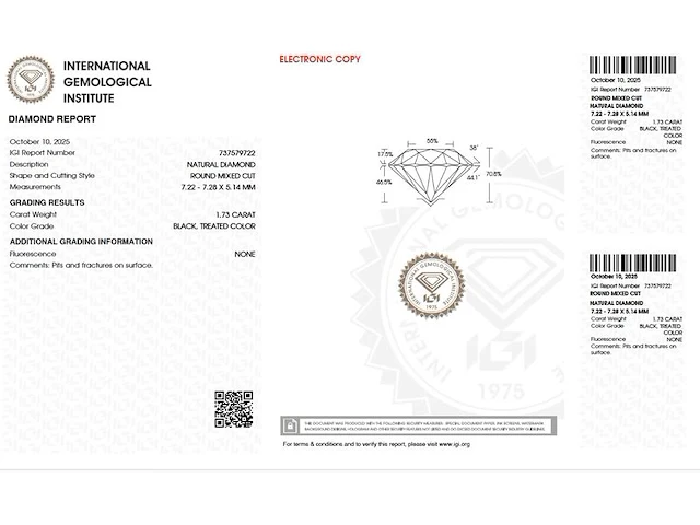 Diamant - 1.73 carat natuurlijke zwarte briljant geslepen diamant (gecertificeerd) - afbeelding 2 van  4