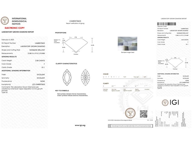 Diamant - 2.00 carat marquise geslepen diamant (gecertificeerd) - afbeelding 3 van  4