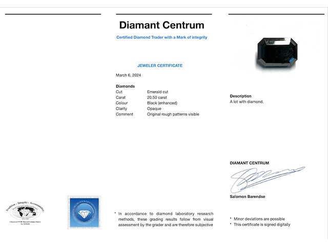 Diamant - 20.50 carat echte natuurlijke grote zwarte diamant (gecertificeerd) - afbeelding 3 van  3