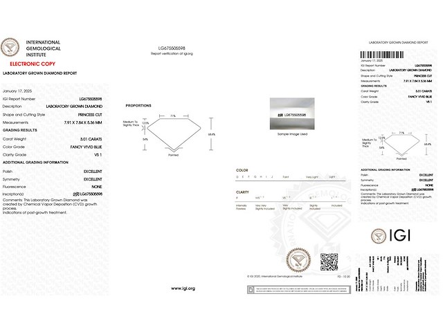 Diamant - 3.01 carat prinses geslepen diamant (gecertificeerd) - afbeelding 4 van  4