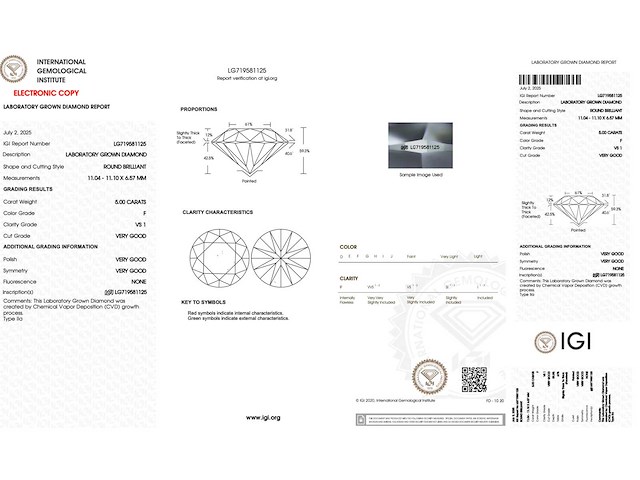 Diamant - 5.00 carat briljant geslepen diamant (gecertificeerd) - afbeelding 3 van  4