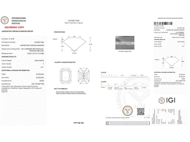 Diamant - 5.00 carat radiant geslepen diamant (gecertificeerd) - afbeelding 3 van  4