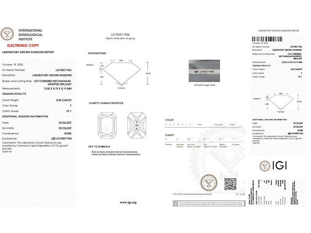 Diamant - 5.00 carat radiant geslepen diamant (gecertificeerd) - afbeelding 4 van  4