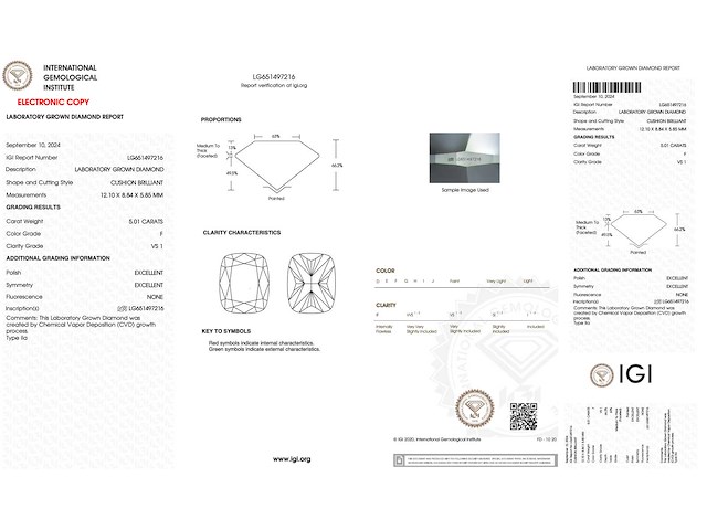Diamant - 5.01 carat kussenvorm geslepen diamant (gecertificeerd) - afbeelding 2 van  2