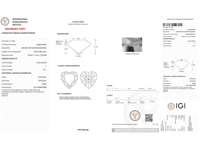 Diamant - 5.02 carat hart vorm geslepen diamant (gecertificeerd) - afbeelding 4 van  4
