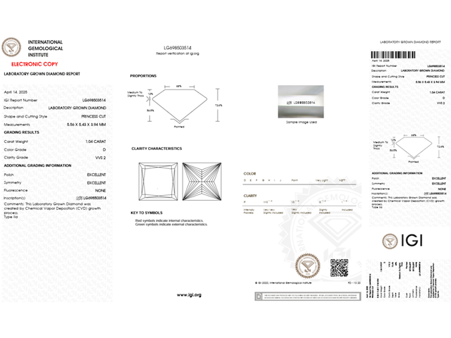 Diamant - prinscess 1.04 ct - d/vvs2 (igi gecertificeerd) - afbeelding 4 van  5
