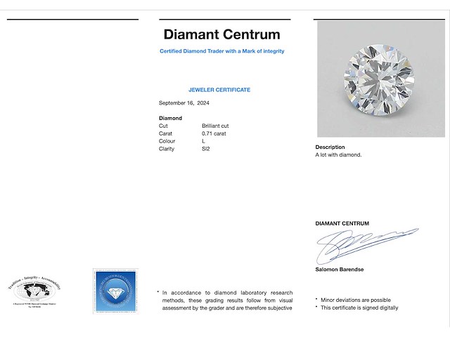 Diamant 0.71 carat natuurlijke diamant gecertificeerd - afbeelding 3 van  3