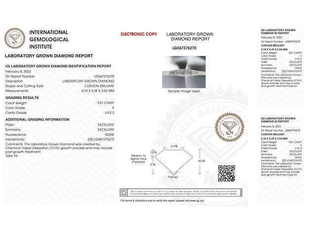 Diamant 0.81 carat kussenvorm geslepen gecertificeerd - afbeelding 3 van  4