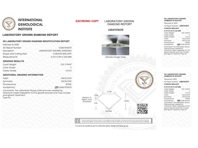 Diamant 0.81 carat kussenvorm geslepen gecertificeerd - afbeelding 4 van  4