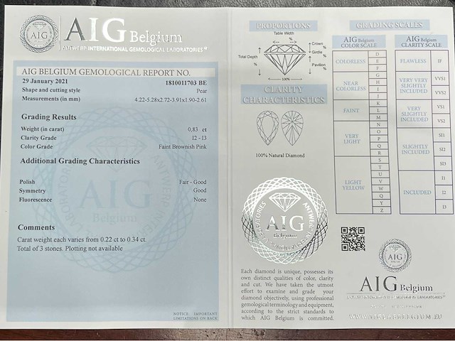Diamant 0.83 carat natuurlijke roze diamant gecertificeerd - afbeelding 2 van  3