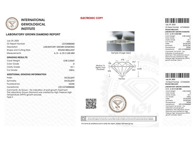 Diamant 0.90 carat briljant geslepen diamant gecertificeerd - afbeelding 3 van  4