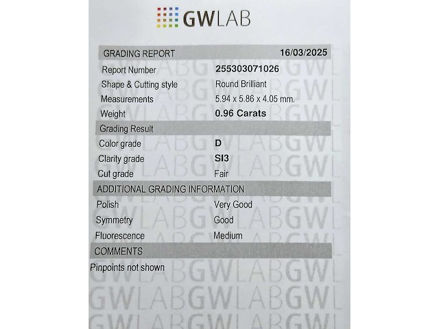 Diamant 0,96 crt. naturel kleur d met certificaat - afbeelding 6 van  6