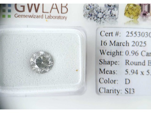 Diamant 0,96 crt. naturel kleur d met certificaat - afbeelding 1 van  6