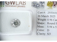 Diamant 0,96 crt. naturel kleur d met certificaat - afbeelding 1 van  6
