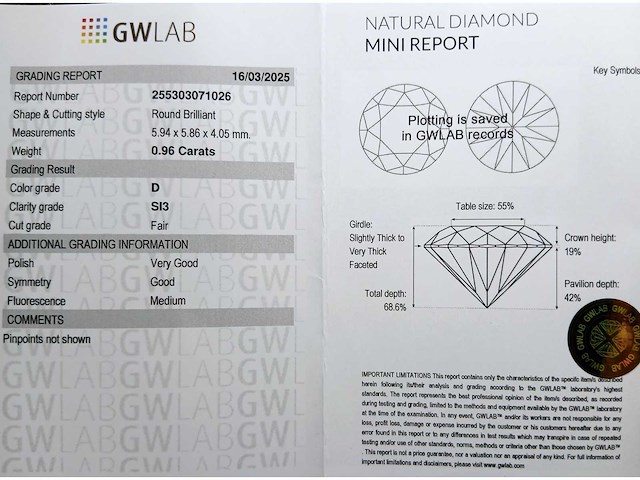 Diamant 0,96 crt. naturel kleur d met certificaat - afbeelding 3 van  6