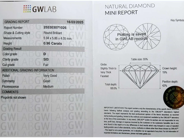 Diamant 0,96 crt. naturel kleur d met certificaat - afbeelding 3 van  6