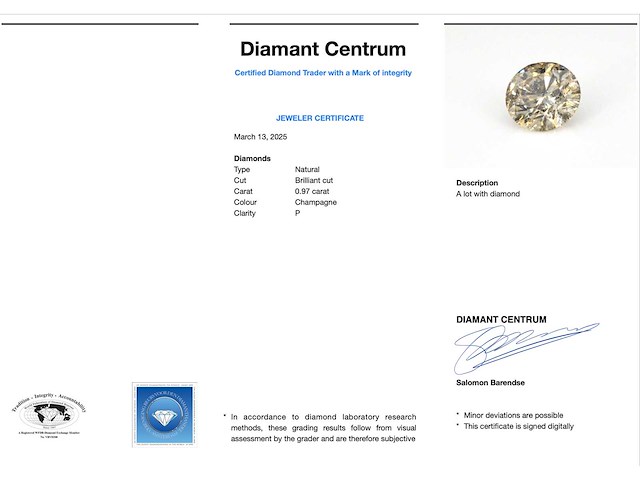 Diamant 0.97 carat natuurlijke champagne diamant - afbeelding 3 van  4