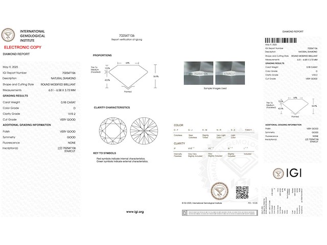 Diamant 0.98 carat natuurlijke starcut briljant geslepen diamant gecertificeerd - afbeelding 3 van  4