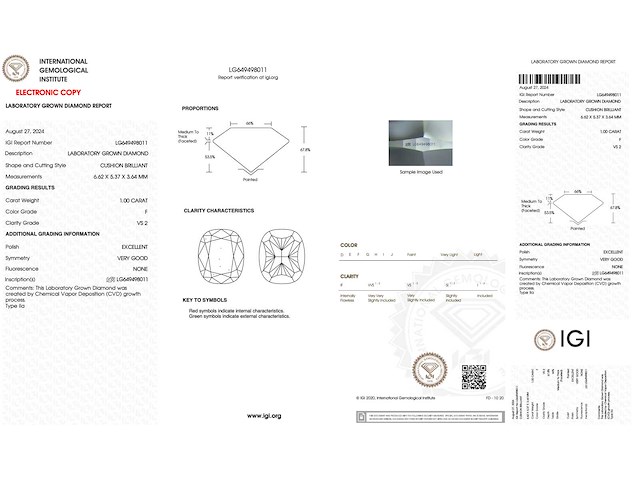 Diamant 1.00 carat kussenvorm diamant gecertificeerd - afbeelding 3 van  4