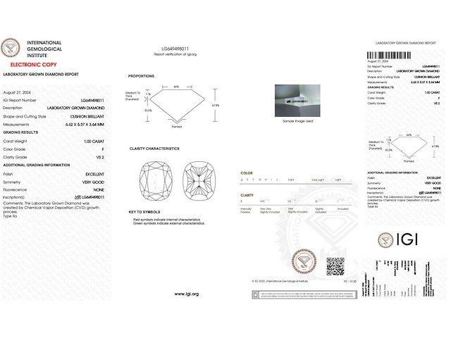Diamant 1.00 carat kussenvorm diamant gecertificeerd - afbeelding 4 van  4
