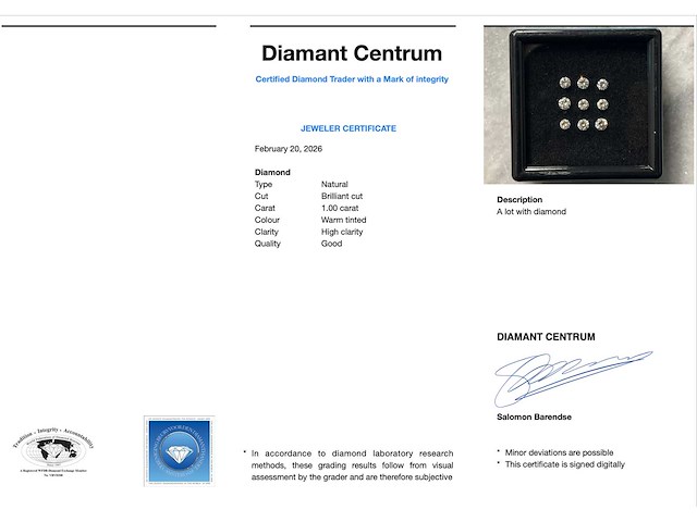 Diamant 1.00 ct briljant geslepen los - afbeelding 2 van  2