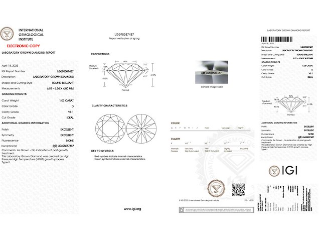 Diamant 1.03 carat briljant geslepen gecertificeerd - afbeelding 4 van  4
