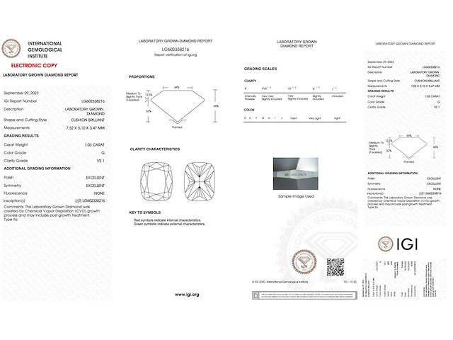 Diamant 1.03 carat kussenvorm geslepen diamant gecertificeerd - afbeelding 3 van  3
