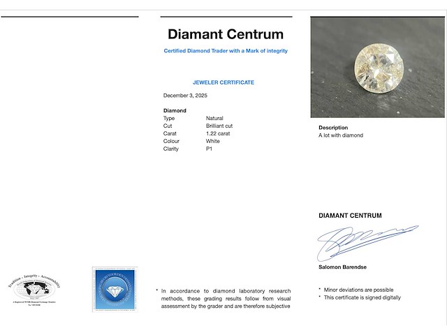 Diamant 1.22 carat natuurlijke briljant geslepen diamant - afbeelding 2 van  3