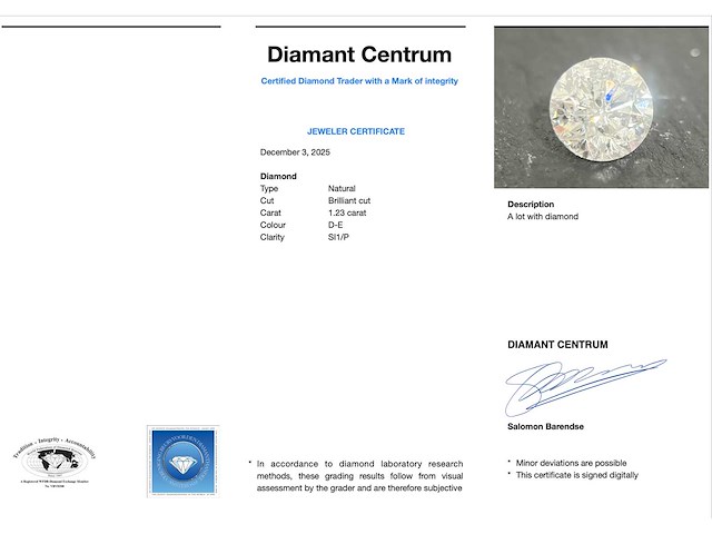 Diamant 1.23 carat natuurlijke briljant geslepen diamant - afbeelding 3 van  3
