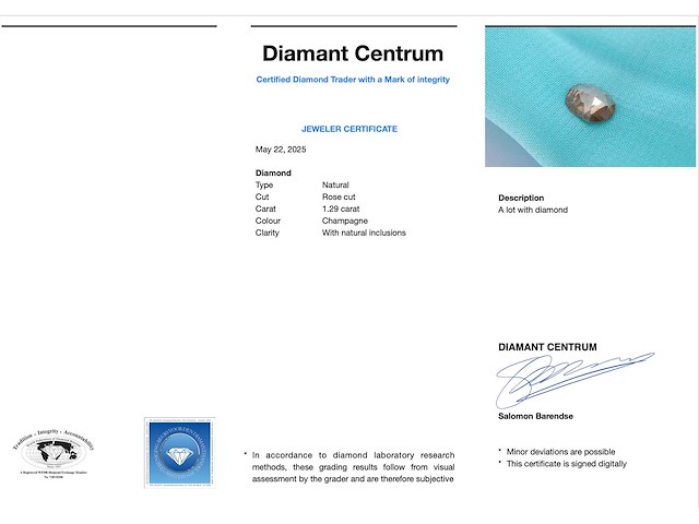 Diamant 1.29 carat fancy champagne roze diamant gecertificeerd - afbeelding 3 van  3