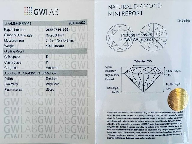 Diamant 1,40 crt. naturel kleur d - afbeelding 2 van  5