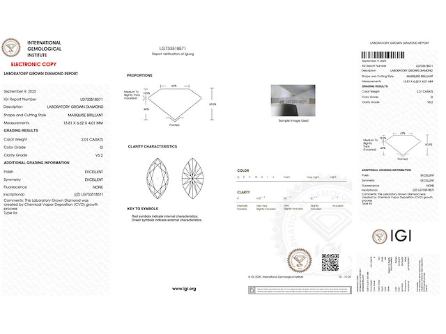 Diamant 2.01 carat marquise geslepen gecertificeerd - afbeelding 3 van  4